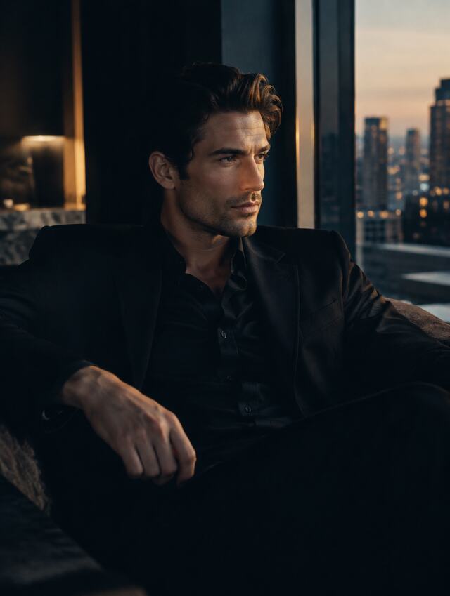 Virtual talent in a black suit by a window